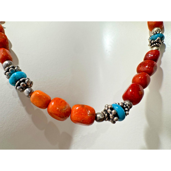 Coral Turquoise Beaded Necklace Sterling Silver Southwestern 28" Stone Natural - Picture 3 of 9
